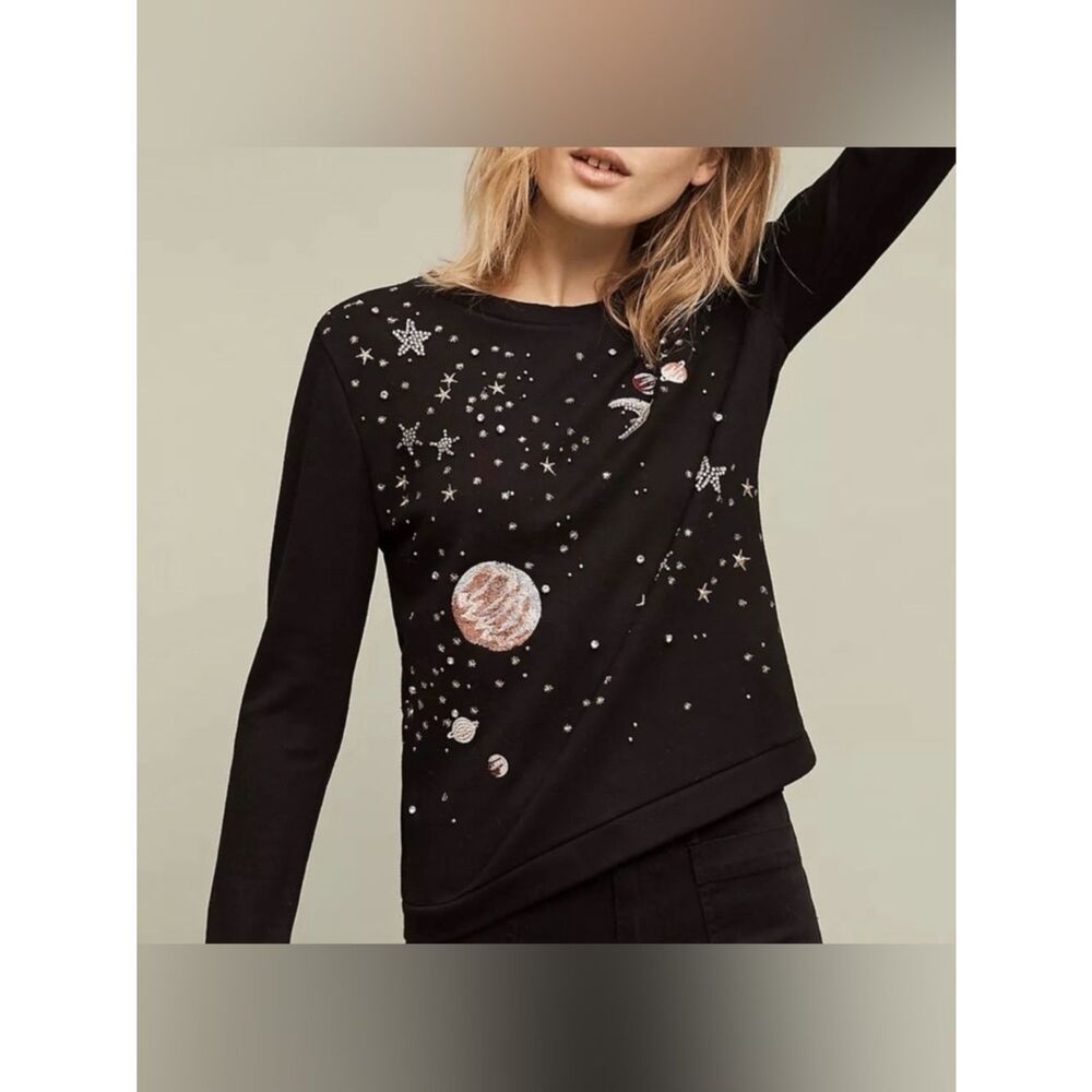 Anthropologie Postmark Stargazer Jewel Sequin Embellished Black Sweatshirt M